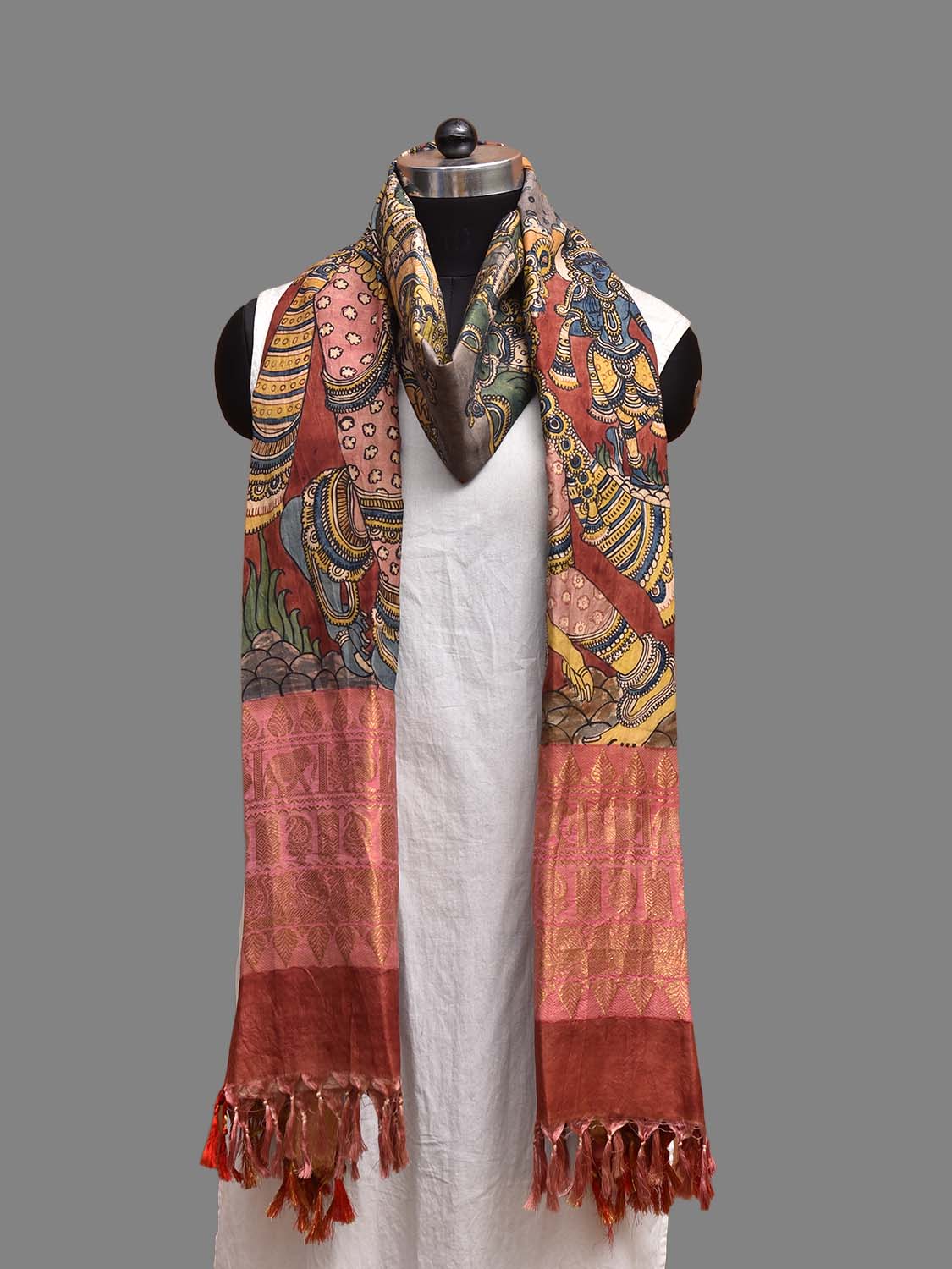 Red and Light Blue Kalamkari Hand Painted Kanchipuram Silk Dupatta with Krishna Design ds3827