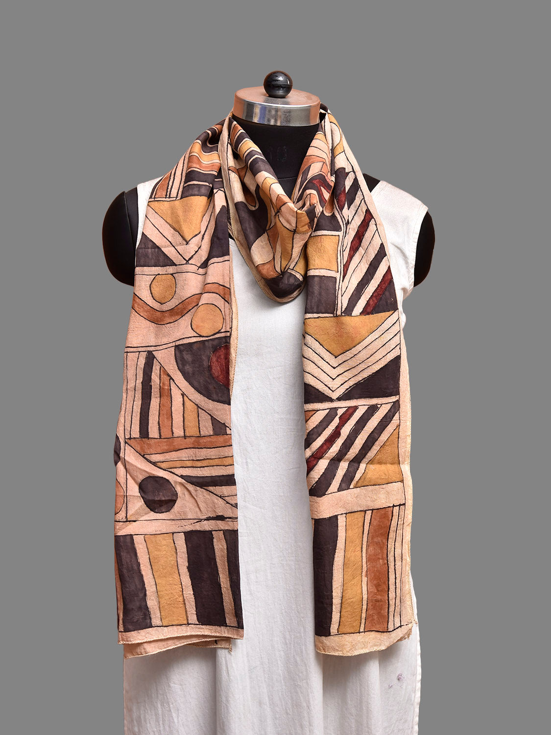 Multicolor Kalamkari Hand Painted Sico Stole with Geometric Design ds3828