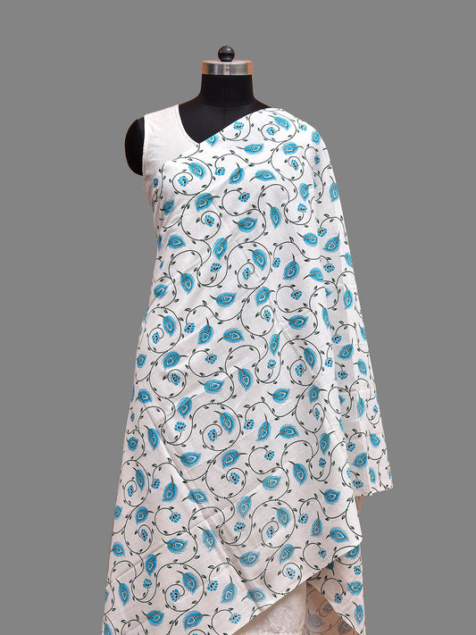 White and Blue Printed Cotton Dupatta with Peacock Feather Design ds3839