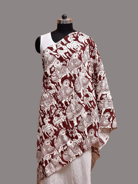 Maroon and White Printed Cotton Dupatta with Horse and Elephant Design ds3842