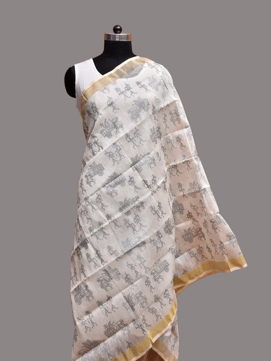 Beige Printed Linen Silk Dupatta with Village Theme Design ds3843