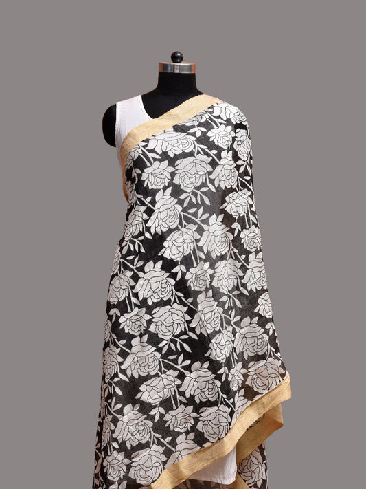 Black and White Printed Cotton Net Dupatta with Lotus Flowers Design ds3844