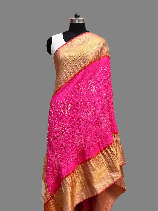 Pink and Red Bandhani Kanchipuram Silk Dupatta with Border Design ds3847