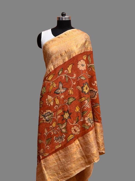 Red and Cream Kalamkari Hand Painted Kanchipuram Silk Dupatta with Floral Design ds3848