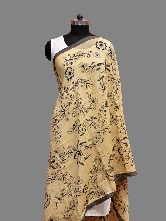 Cream and Black Kalamkari Hand Painted Cotton Silk Dupatta with Floral Design ds3849
