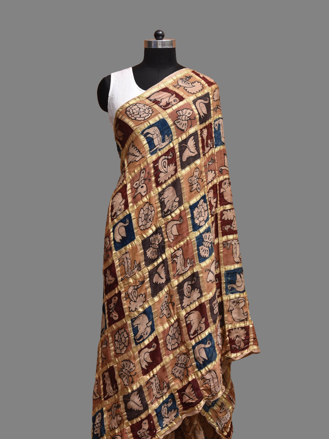 Multicolor Kalamkari Hand Painted Satin Silk Dupatta with Checks and Animals Design ds3850