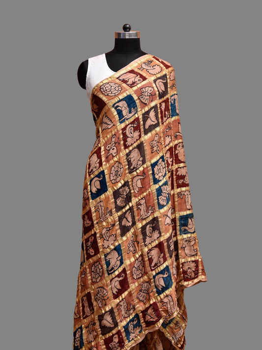 Multicolor Kalamkari Hand Painted Satin Silk Dupatta with Checks and Animals Design ds3850