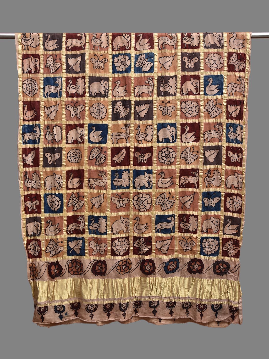 Multicolor Kalamkari Hand Painted Satin Silk Dupatta with Checks and Animals Design ds3850