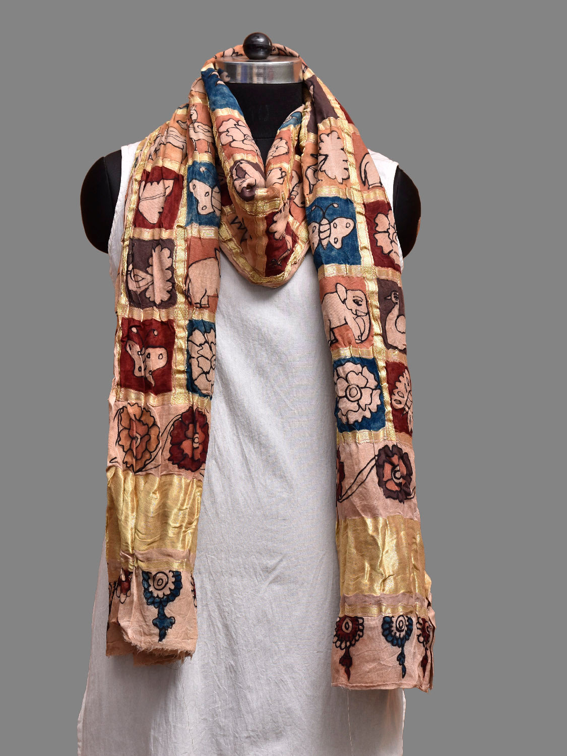 Multicolor Kalamkari Hand Painted Satin Silk Dupatta with Checks and Animals Design ds3850