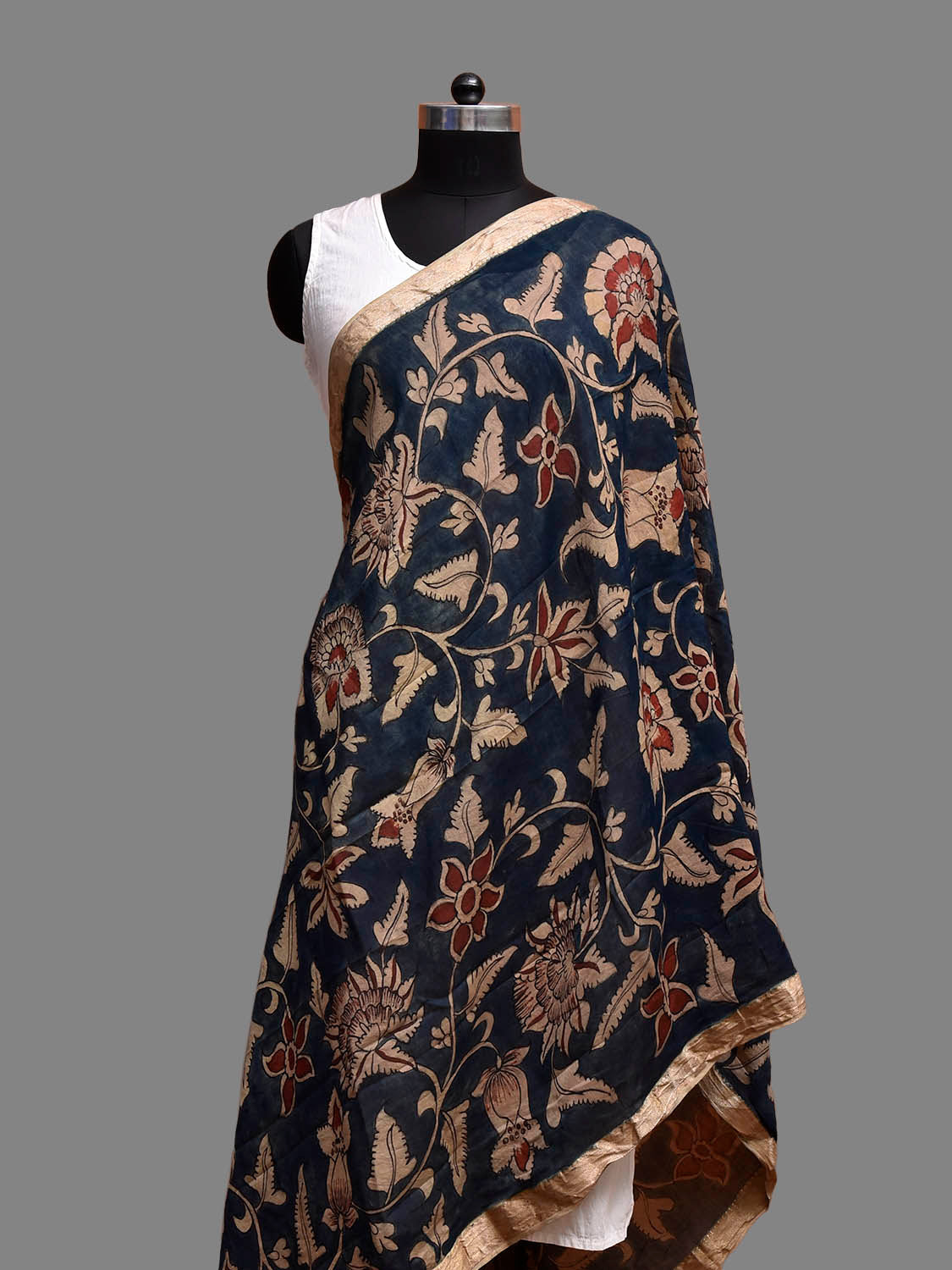 Navy Kalamkari Hand Painted Sico Dupatta with Floral Design ds3853