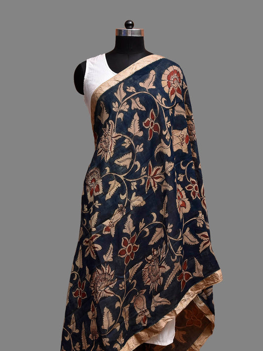 Navy Kalamkari Hand Painted Sico Dupatta with Floral Design ds3853