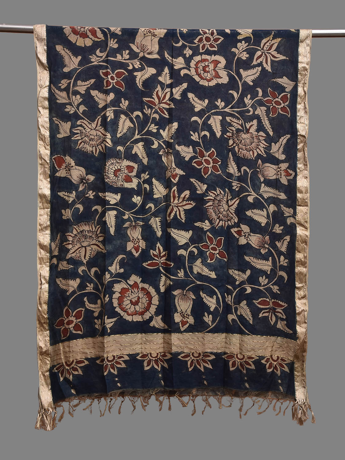 Navy Kalamkari Hand Painted Sico Dupatta with Floral Design ds3853