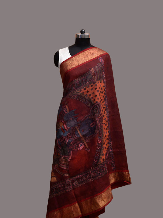 Dark Red Kalamkari Hand Painted Kanchipuram Silk Dupatta with Krishna Design ds3854