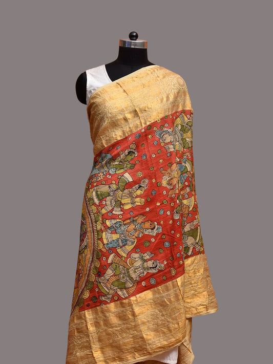 Red Kalamkari Hand Painted Kanchipuram Silk Dupatta with Krishna Design ds3855