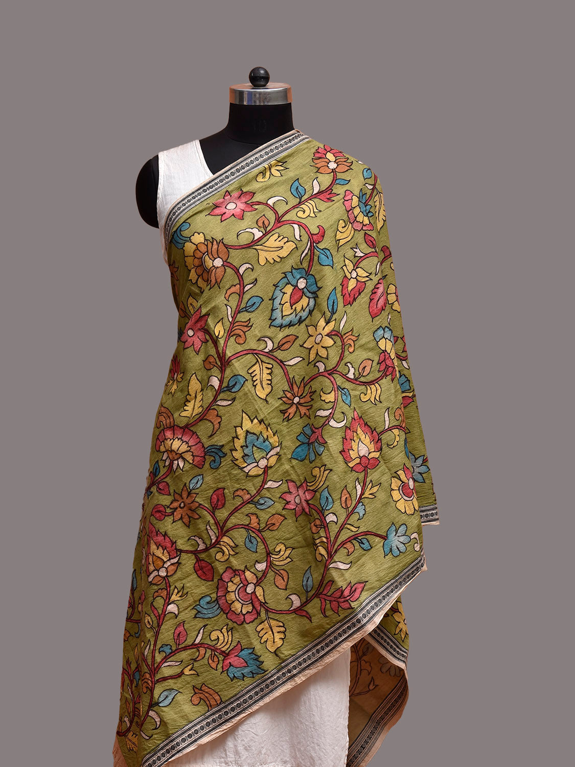 Green Kalamkari Hand Painted Cotton Dupatta with Floral Design ds3856