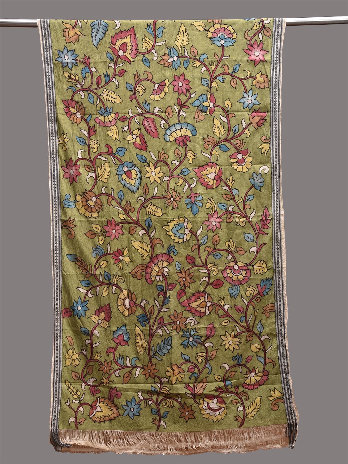 Green Kalamkari Hand Painted Cotton Dupatta with Floral Design ds3856