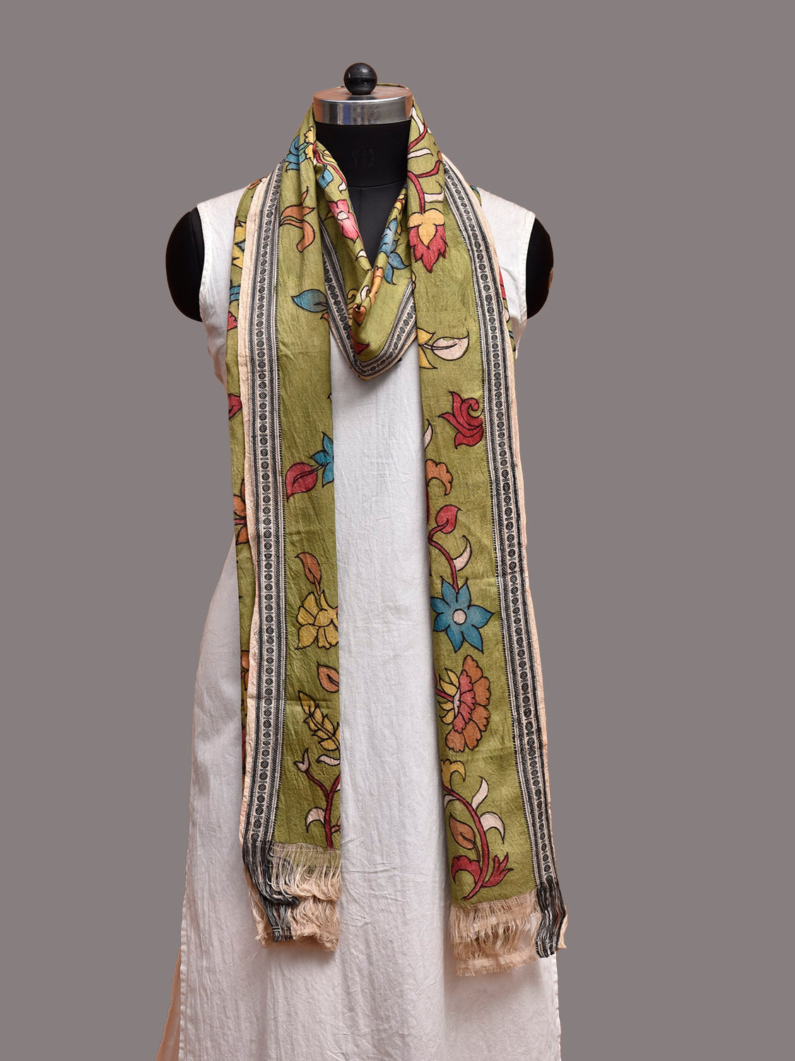 Green Kalamkari Hand Painted Cotton Dupatta with Floral Design ds3856