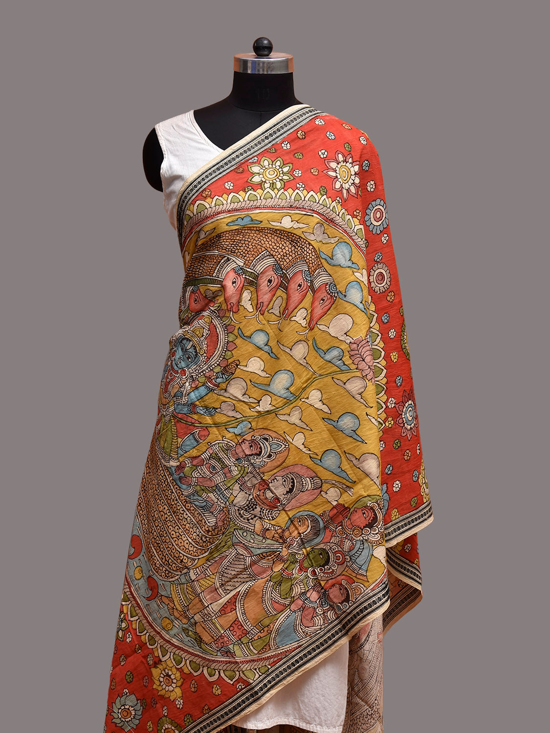 Red and Yellow Kalamkari Hand Painted Cotton Dupatta with Krishna Design ds3857