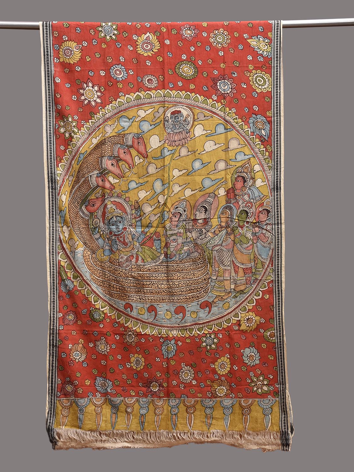 Red and Yellow Kalamkari Hand Painted Cotton Dupatta with Krishna Design ds3857