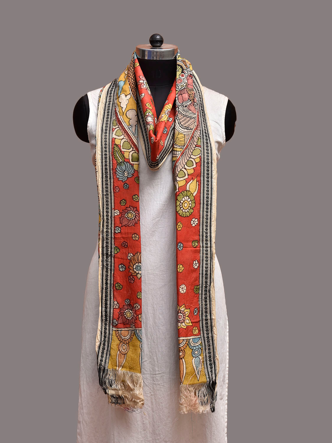 Red and Yellow Kalamkari Hand Painted Cotton Dupatta with Krishna Design ds3857