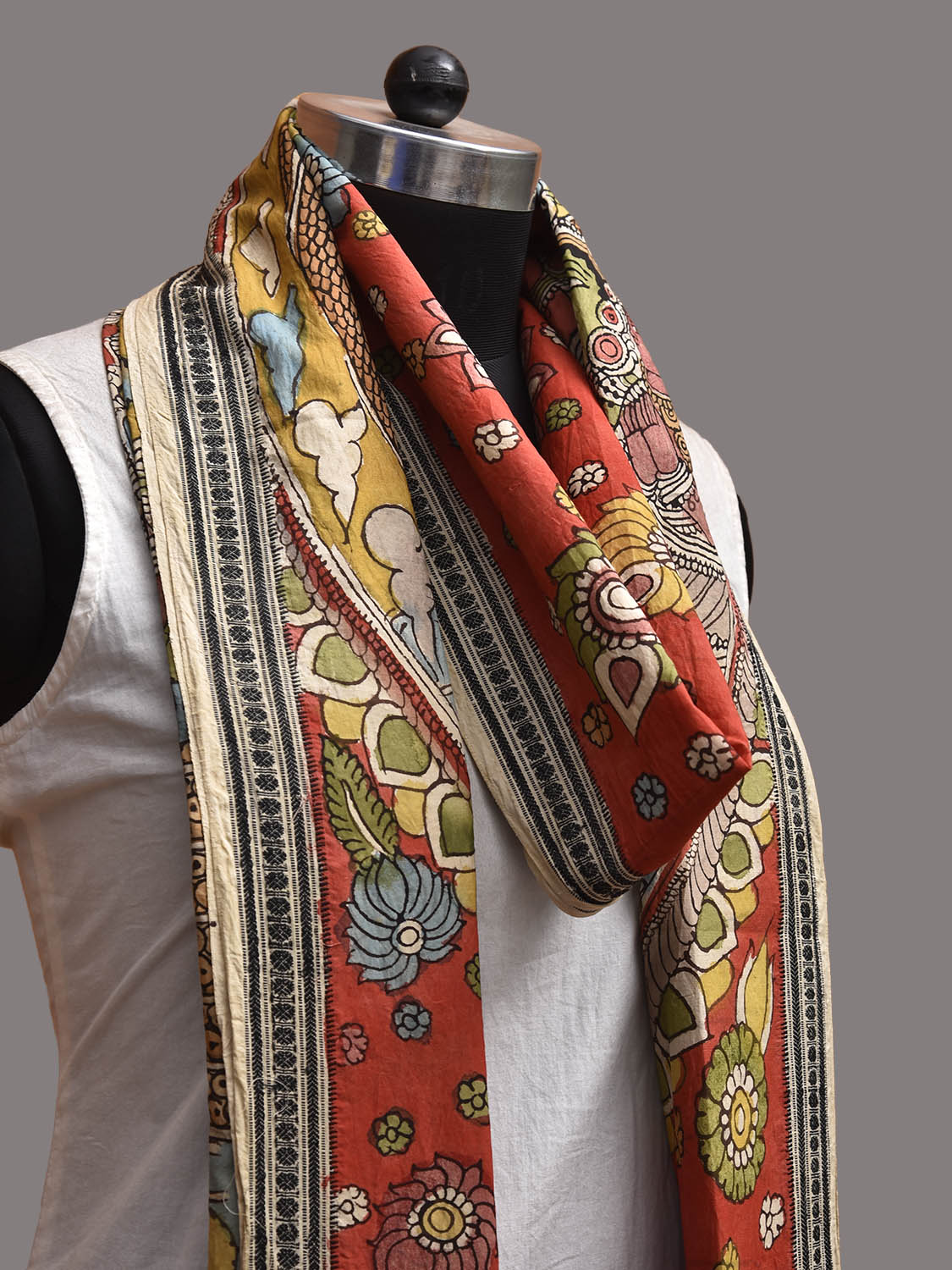 Red and Yellow Kalamkari Hand Painted Cotton Dupatta with Krishna Design ds3857