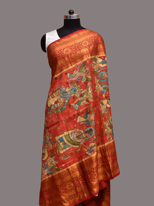 Red and Olive Kalamkari Hand Painted Kanchipuram Silk Dupatta with Krishna Design ds3858