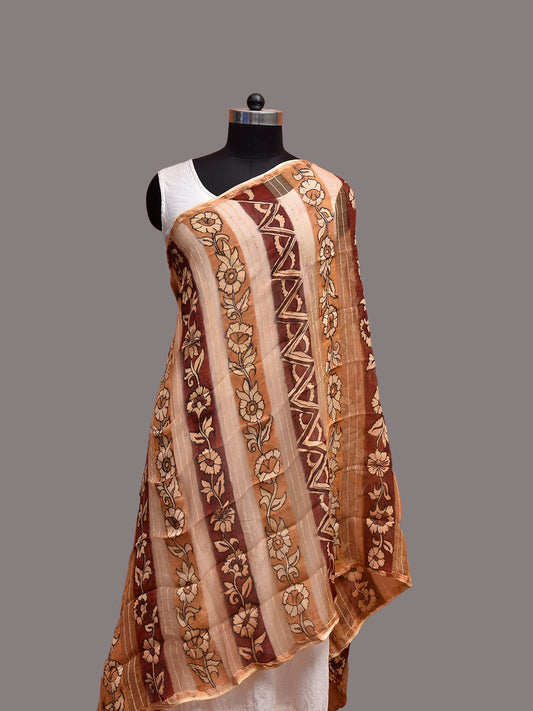 Red and Mustard Kalamkari Hand Painted Cotton Silk Dupatta with Strips and Floral Design ds3859