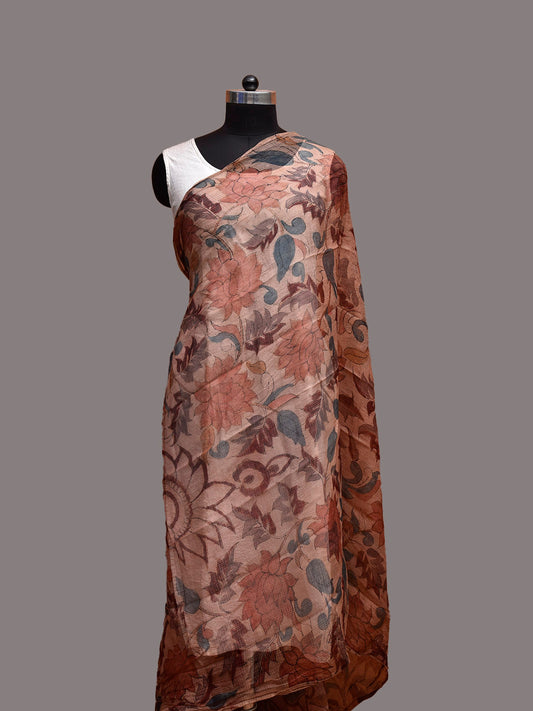 Peach Kalamkari Hand Painted Kota Cotton Dupatta with Floral and Peacocks Design ds3860