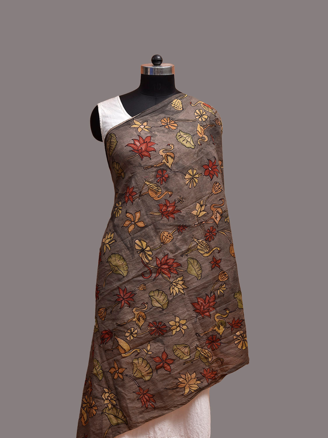 Grey and Mustard Kalamkari Hand Painted Cotton Silk Dupatta with Floral and Birds Design ds3861