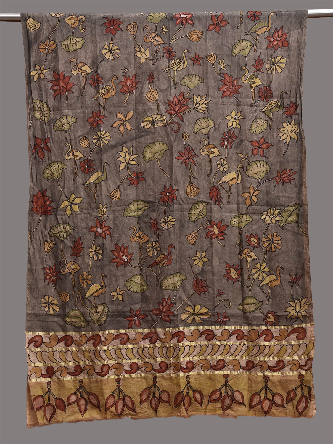 Grey and Mustard Kalamkari Hand Painted Cotton Silk Dupatta with Floral and Birds Design ds3861