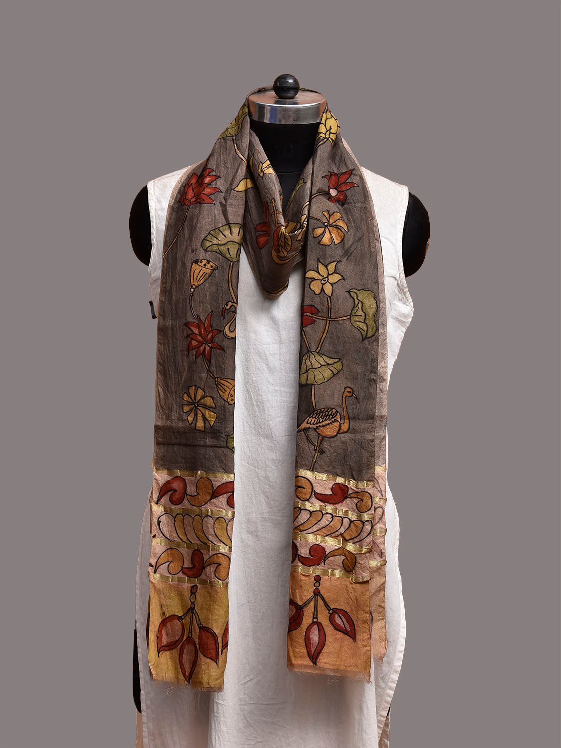 Grey and Mustard Kalamkari Hand Painted Cotton Silk Dupatta with Floral and Birds Design ds3861