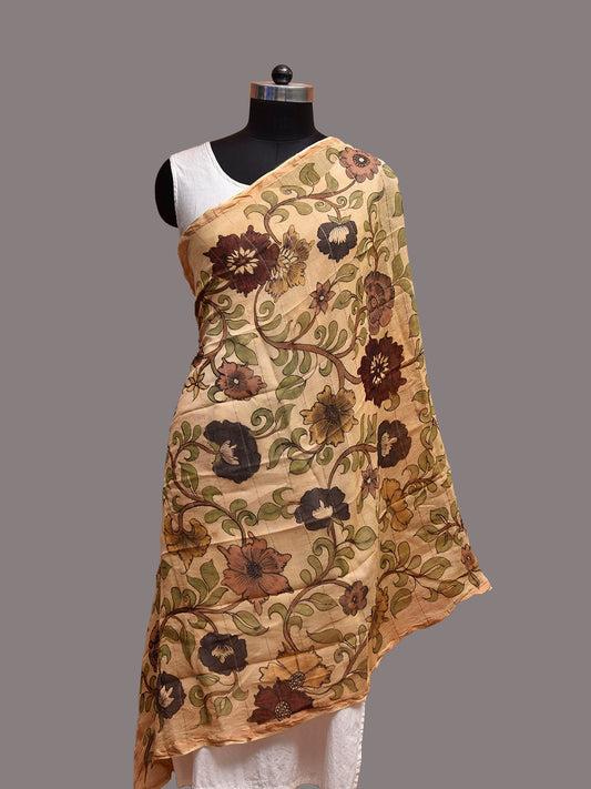 Cream Kalamkari Hand Painted Cotton Silk Dupatta with Floral Design ds3862
