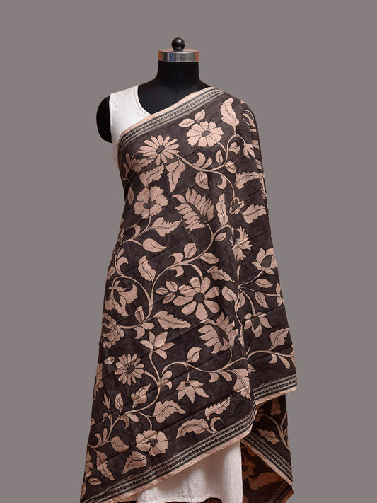 Black and Cream Kalamkari Hand Painted Cotton Dupatta with Floral Design ds3863