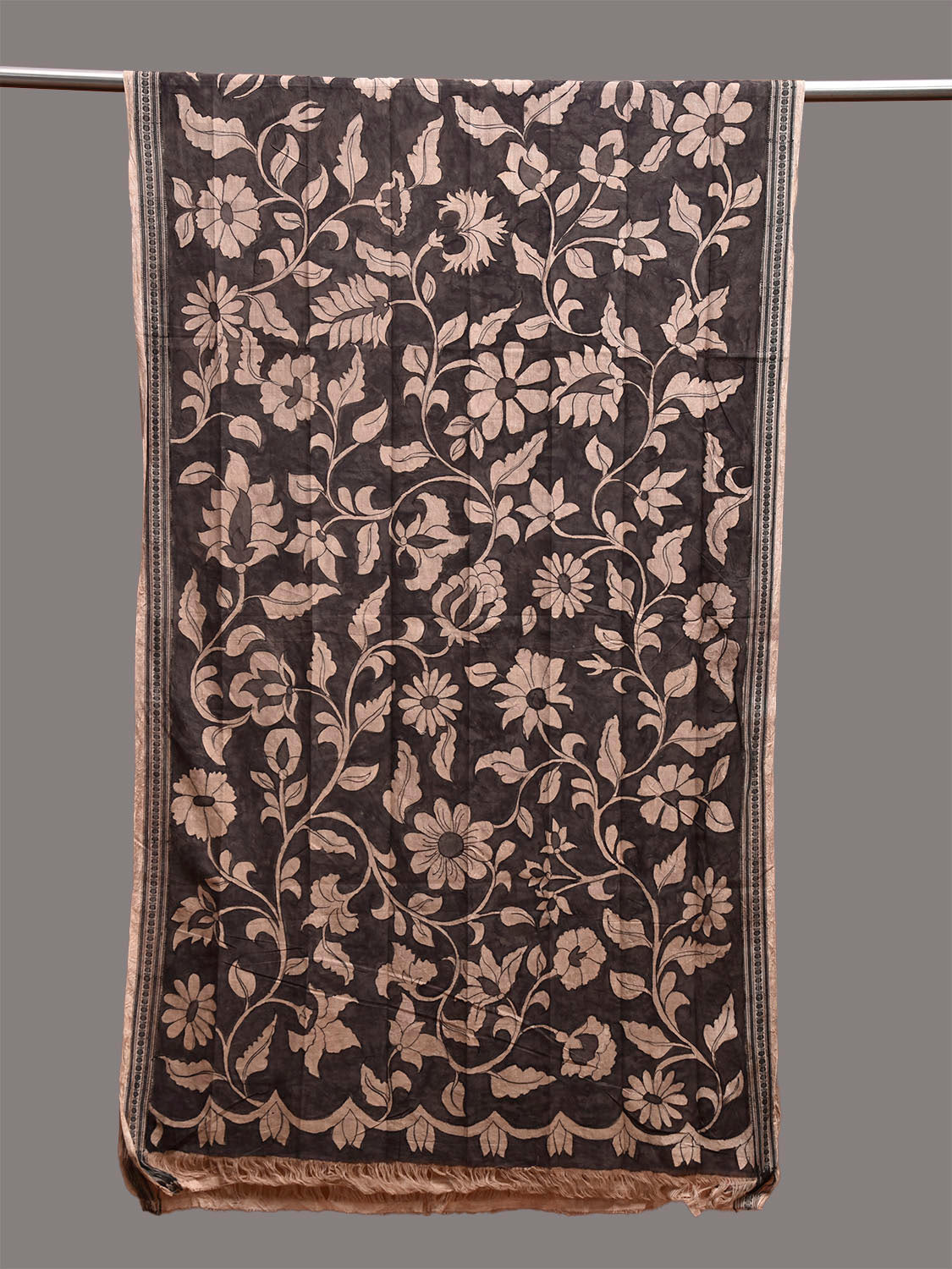 Black and Cream Kalamkari Hand Painted Cotton Dupatta with Floral Design ds3863