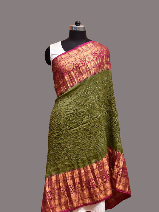 Green and Magenta Bandhani Kanchipuram Silk Dupatta with Hand Kalamkari Design ds3866