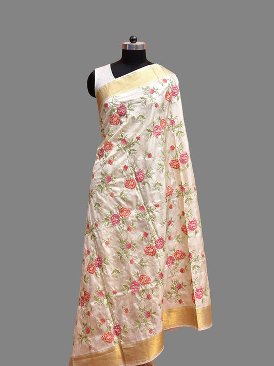 White Petite Embroidary Kanchipuram Silk Dupatta with Floral Design ds3867