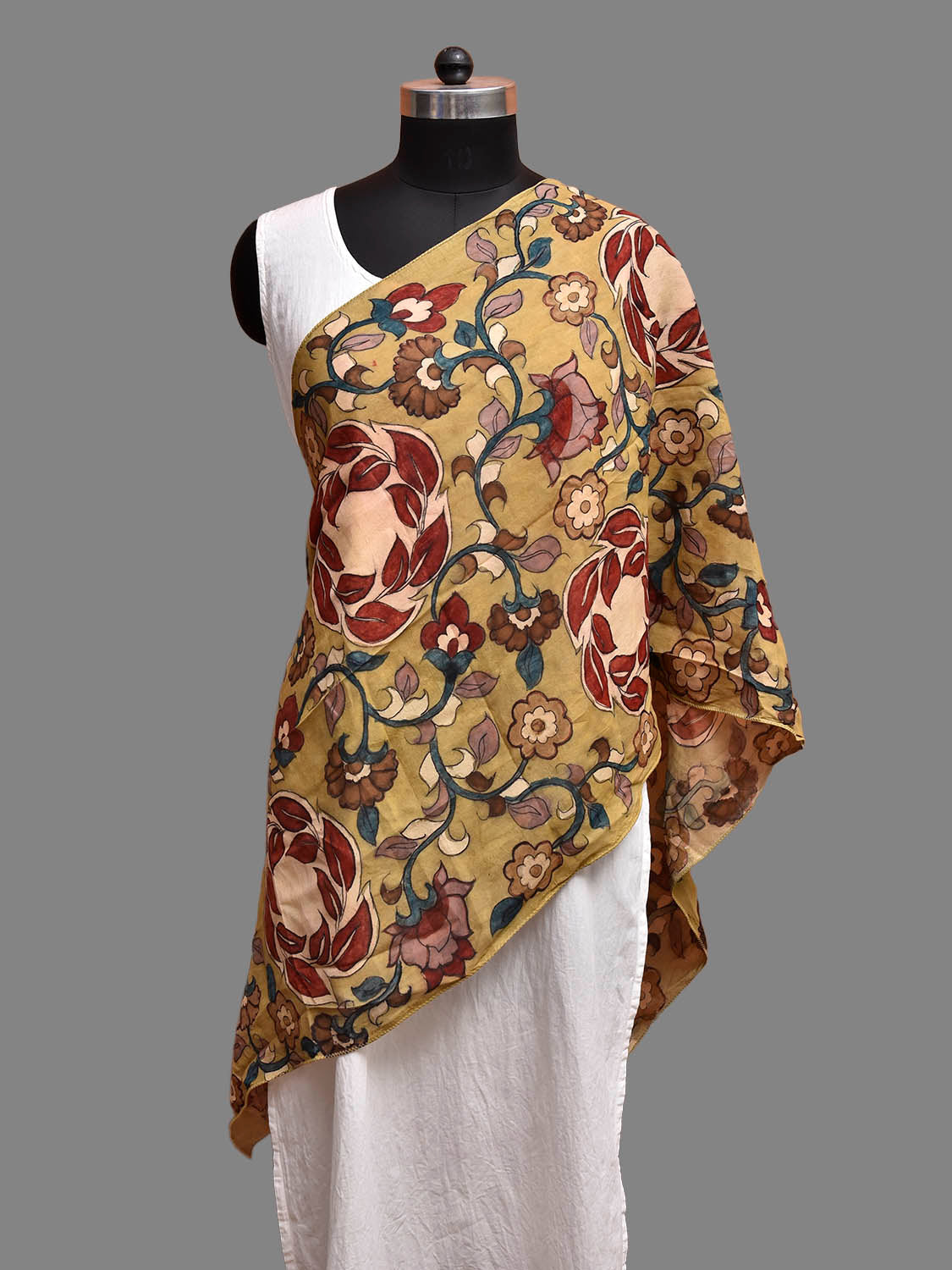 Yellow and Red Kalamkari Hand Painted Sico Stole with Floral and Leaves Design ds3881
