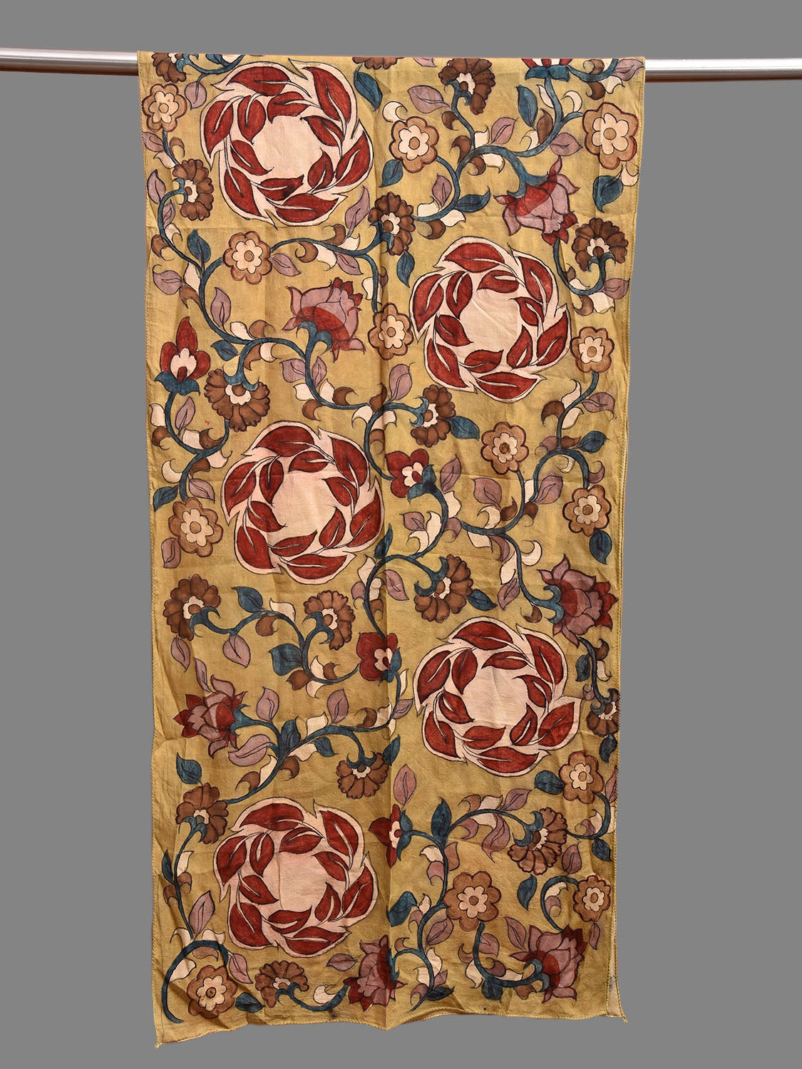Yellow and Red Kalamkari Hand Painted Sico Stole with Floral and Leaves Design ds3881