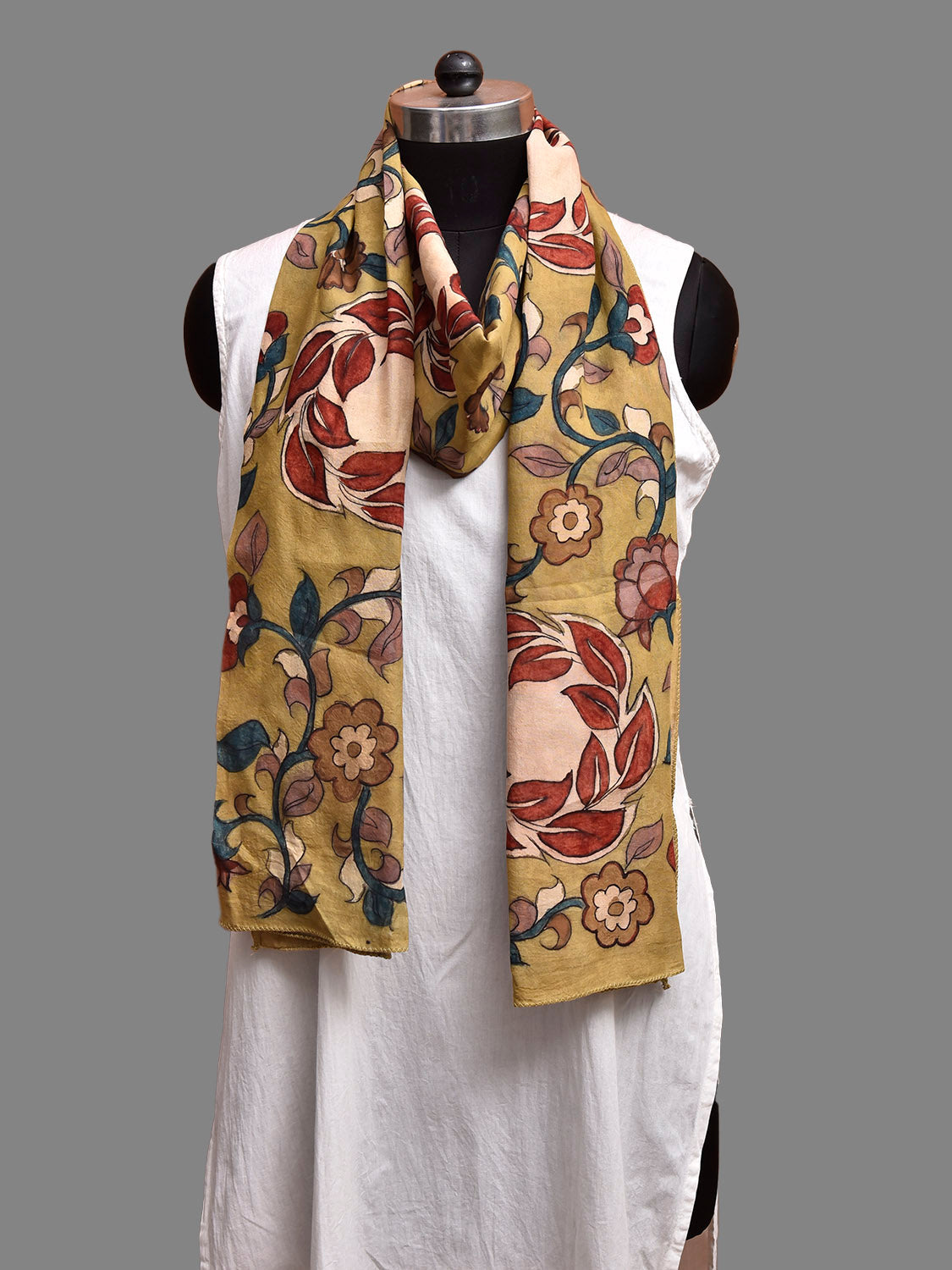 Yellow and Red Kalamkari Hand Painted Sico Stole with Floral and Leaves Design ds3881