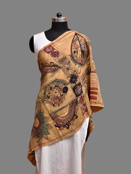 Light Yellow Kalamkari Hand Painted Sico Stole with Floral and Geometric Design ds3885