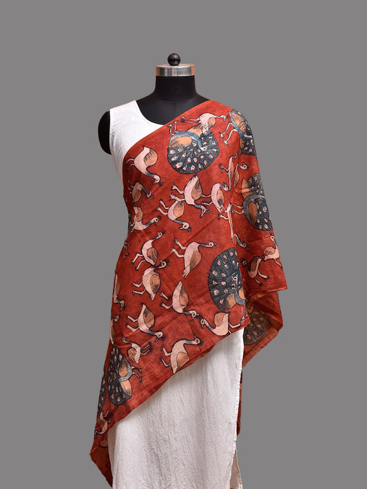 Red Kalamkari Hand Painted Sico Stole with Peacocks Design ds3886