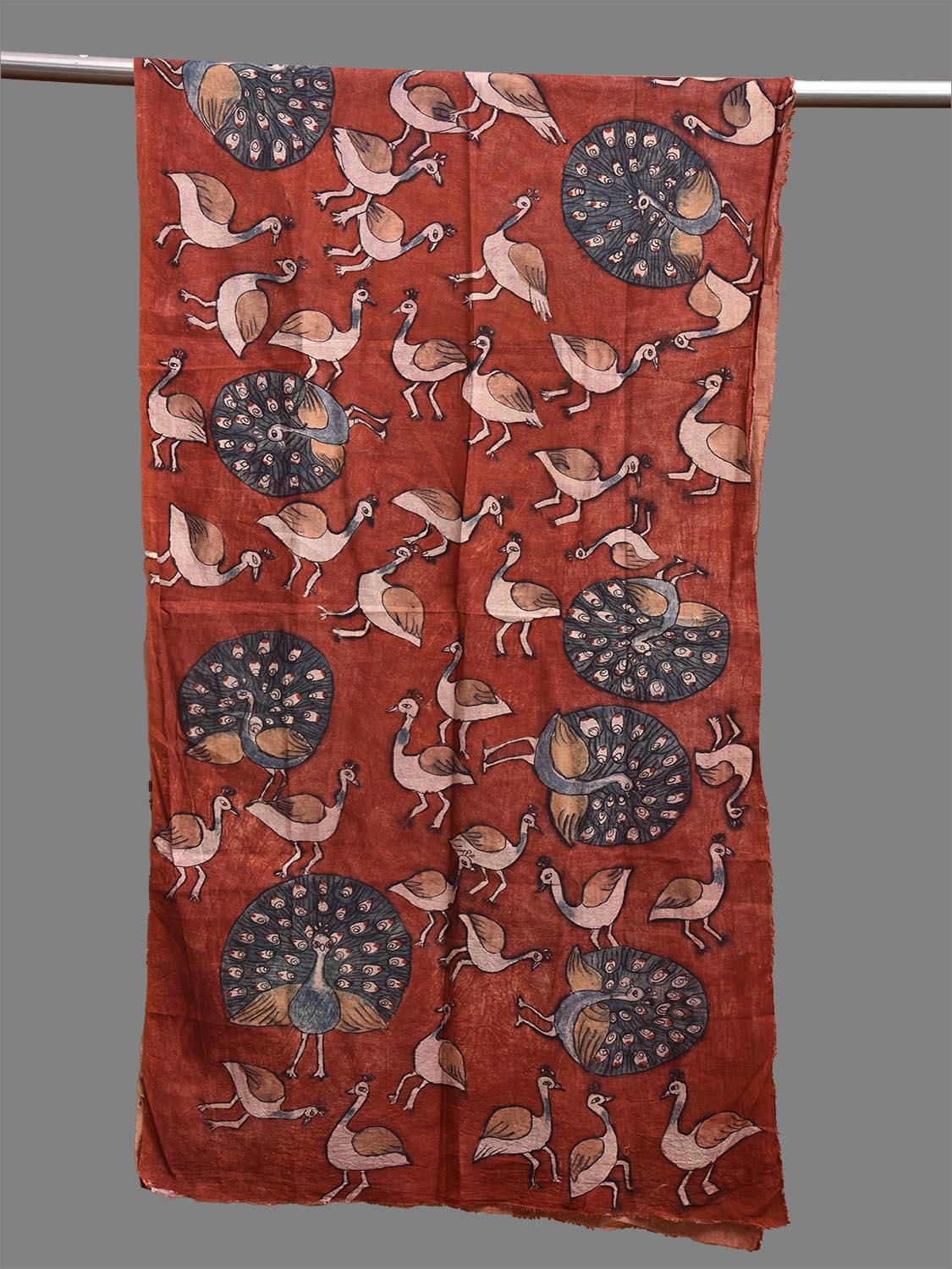 Red Kalamkari Hand Painted Sico Stole with Peacocks Design ds3886