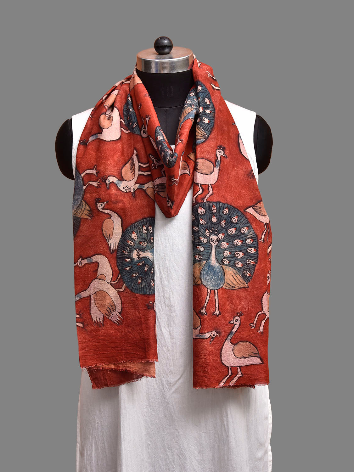 Red Kalamkari Hand Painted Sico Stole with Peacocks Design ds3886