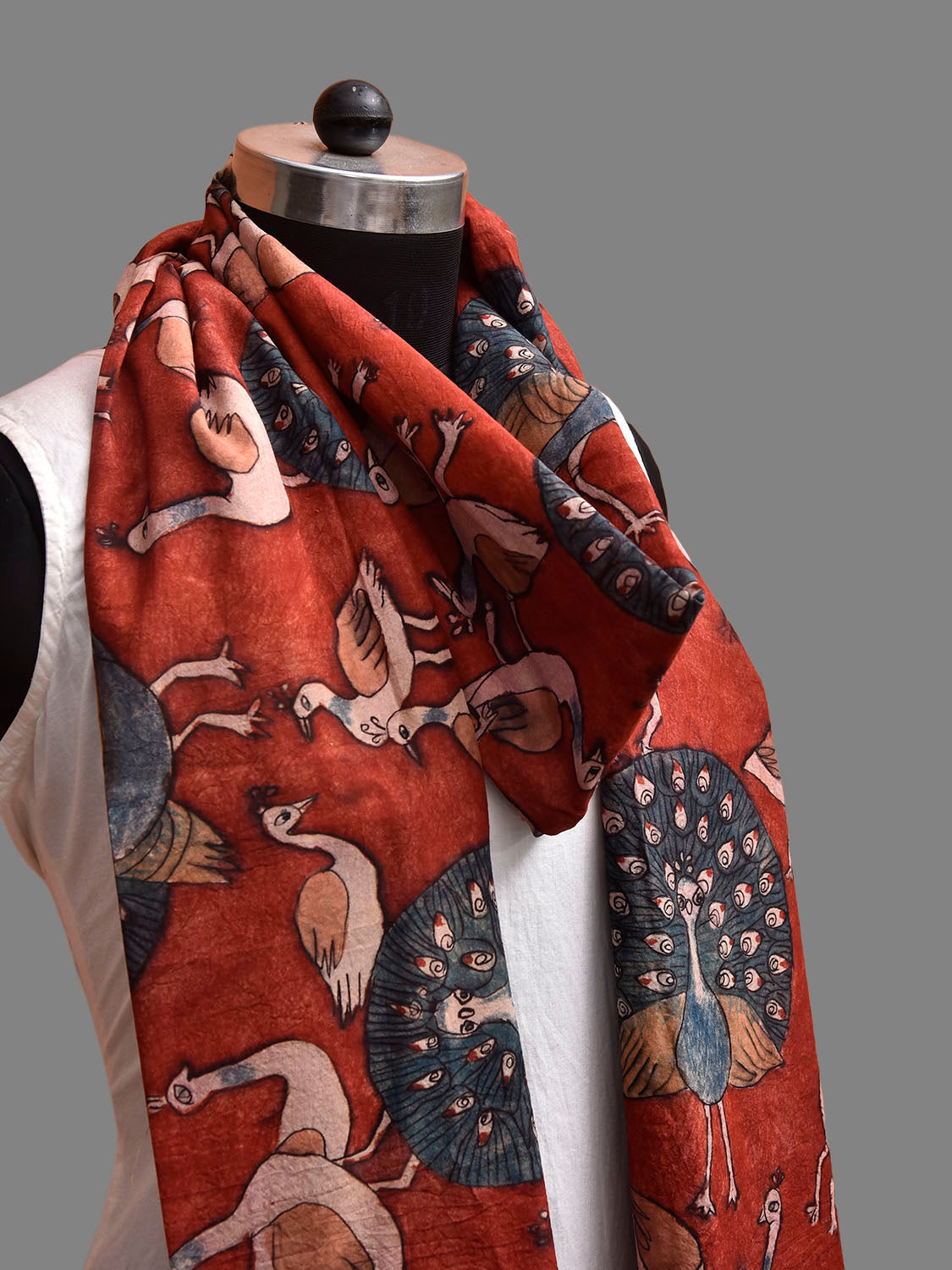 Red Kalamkari Hand Painted Sico Stole with Peacocks Design ds3886