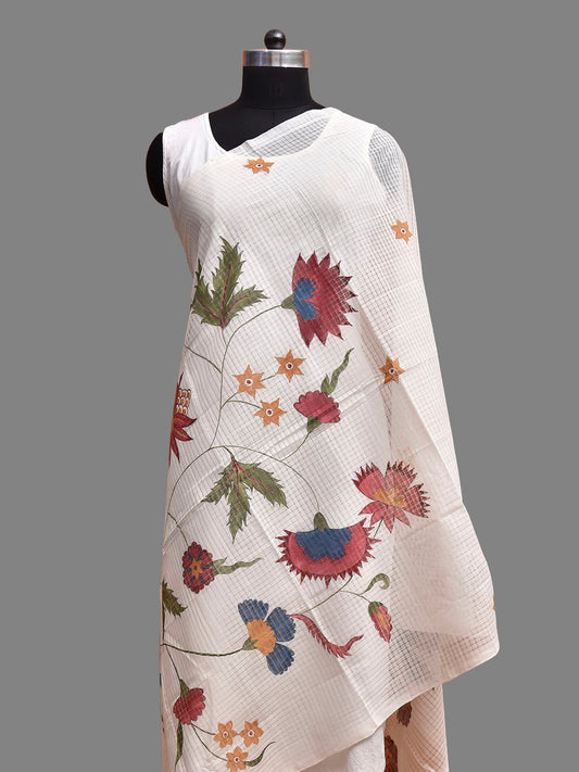 White Hand Painted Kota Cotton Dupatta with Floral Design ds3888