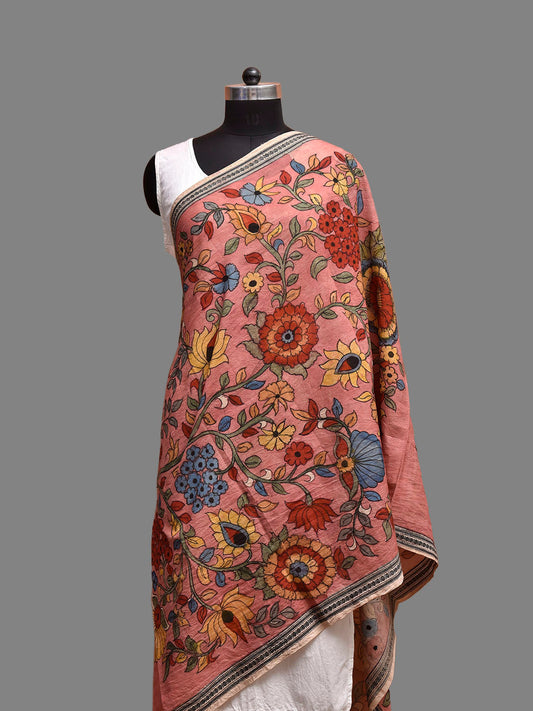 Peach Kalamkari Hand Painted Cotton Handloom Dupatta with Tree of Life Design ds3899