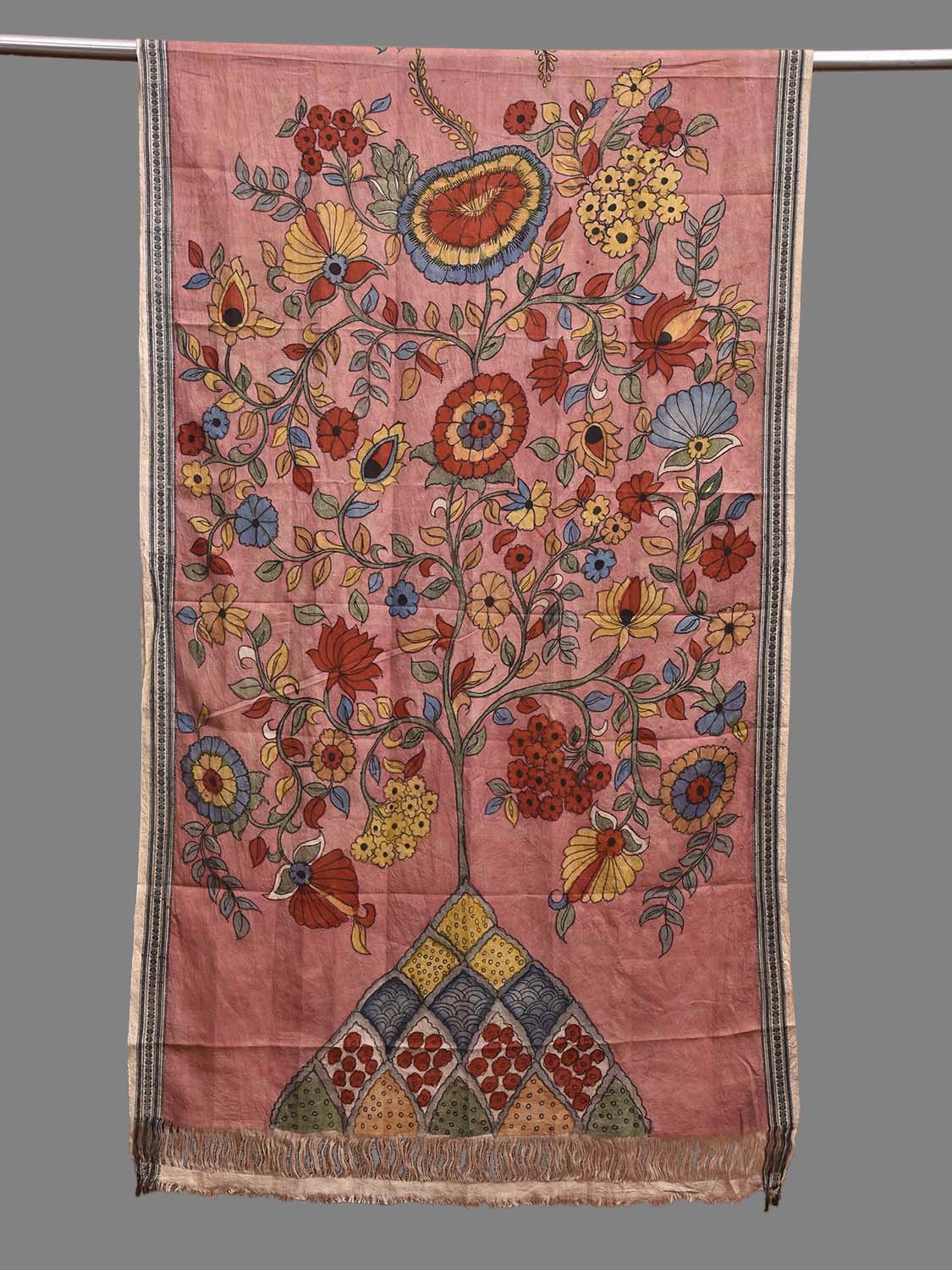 Peach Kalamkari Hand Painted Cotton Handloom Dupatta with Tree of Life Design ds3899