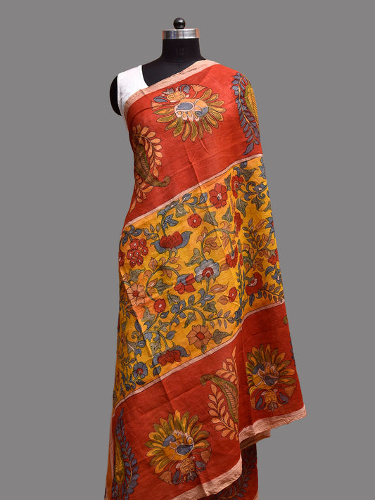 Red and Yellow Kalamkari Hand Painted Cotton Silk Handloom Dupatta with Floral Design ds3900