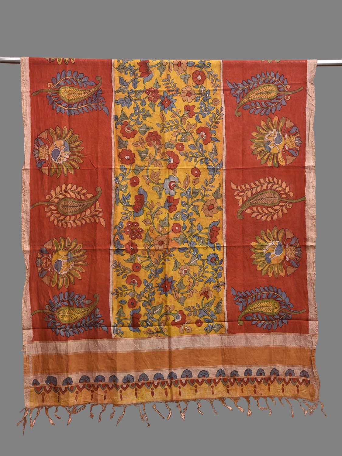 Red and Yellow Kalamkari Hand Painted Cotton Silk Handloom Dupatta with Floral Design ds3900