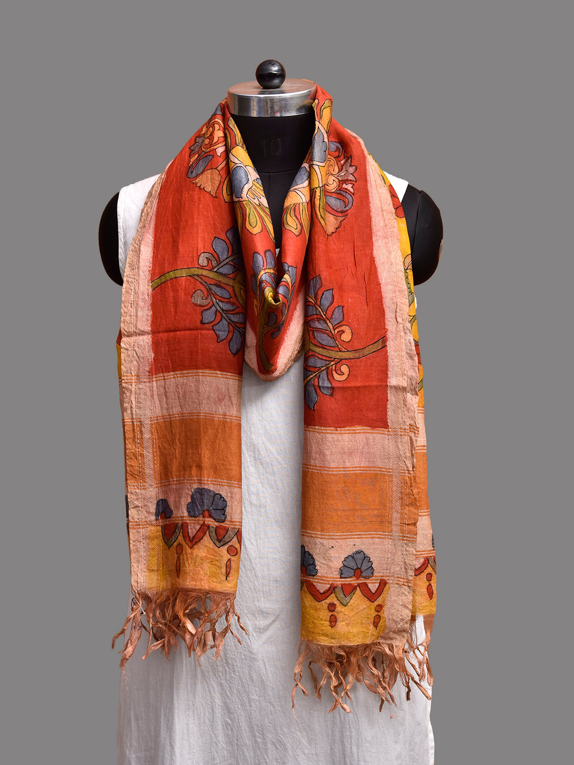 Red and Yellow Kalamkari Hand Painted Cotton Silk Handloom Dupatta with Floral Design ds3900